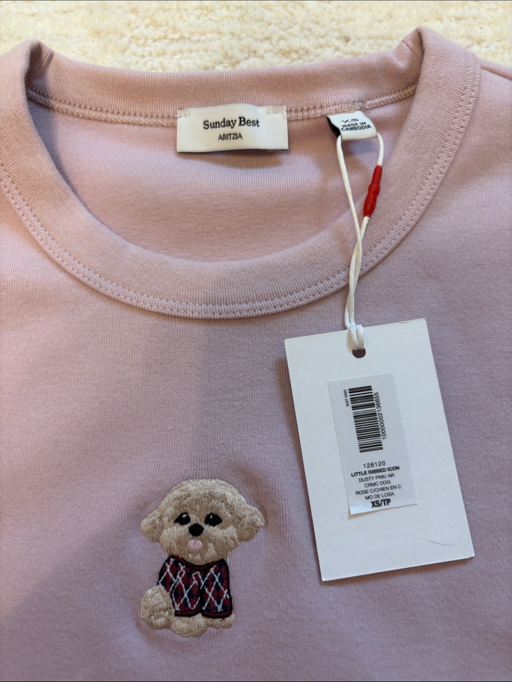 NWT Aritzia Sunday Best Light Pink Short Sleeve Knit Top with Embroidered Bear - Picture 5 of 6